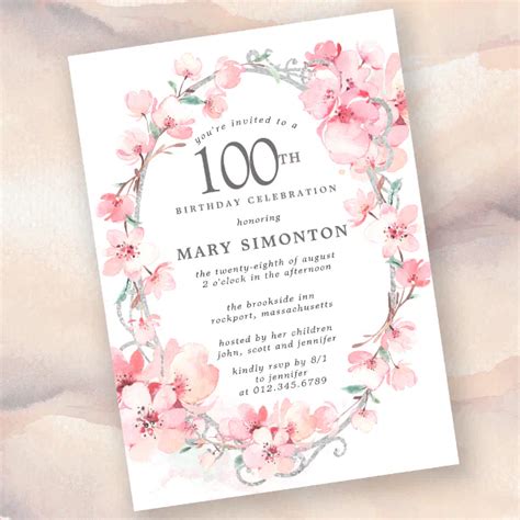 Blush Pink Cherry Blossom Floral 100th Birthday Invitation Zazzle