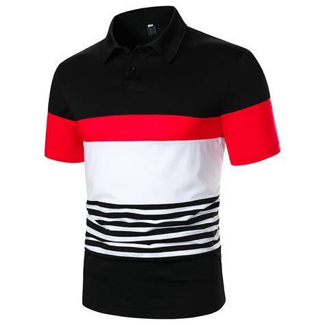 Men Short Sleeve Polo Shirt Contrast Color Splicing And Stripe Design Tops Streetwear Casual