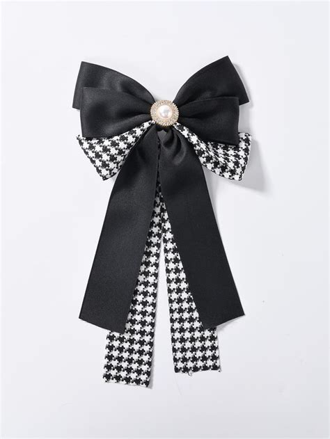 Houndstooth Pattern Bow Faux Pearl Decor Hair Clip Hair Accessories