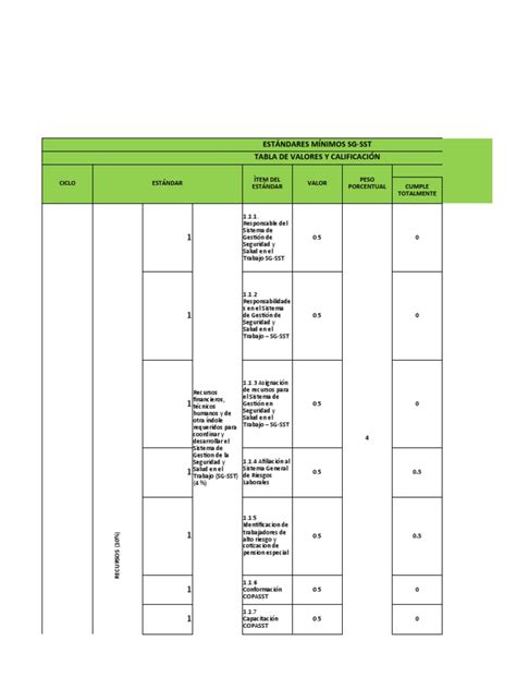 Tabla De Estandares Min Sg Sst Pdf Medicina Especialidades Medicas