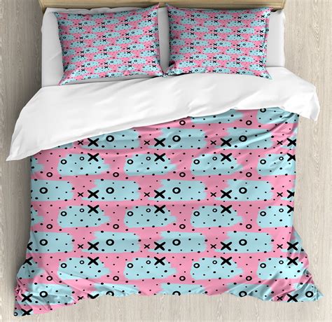 Ambesonne Pink Polka Dots Duvet Cover Sets X And O Motifs Spot 2 Queen Pink Sky Blue