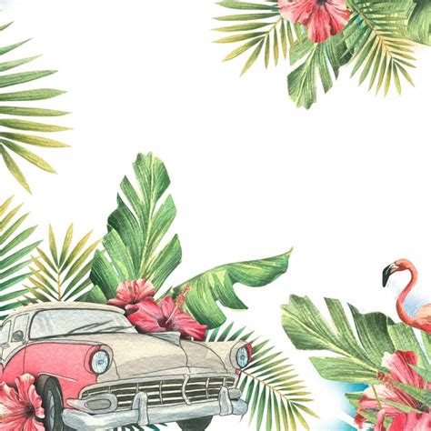 Carro retrô americano rosa entre folhas tropicais e flores de hibisco