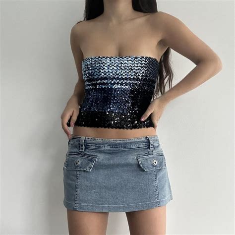 Sequin Blue Iridescent Sparkly Bandeau Crop Top Boob Depop