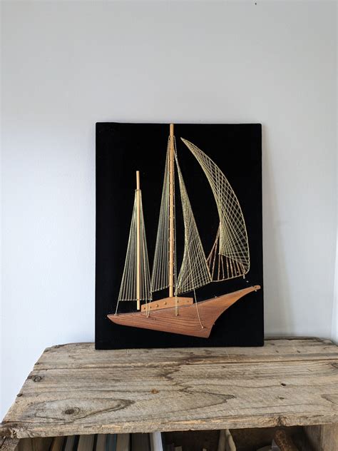 Vintage String Art Boat String Art Sailboat Wall Art Wall Hanging Kitsch Schooner Sailboat