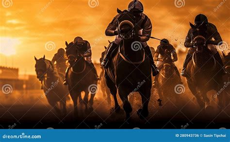 Horse Racing at Sunset. Silhouette of Thoroughbred and Jockey Stock Illustration - Illustration ...