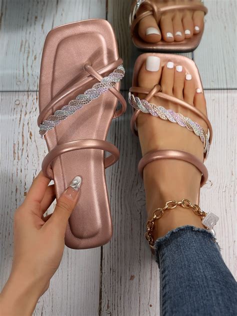 Metallic Rhinestone Decor Braid Detail Thong Sandals Trending Fashion