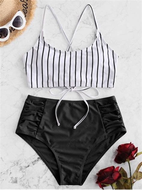 Zaful Striped Lace Up Ruched Tankini Swimsuit In Black Zaful 2024