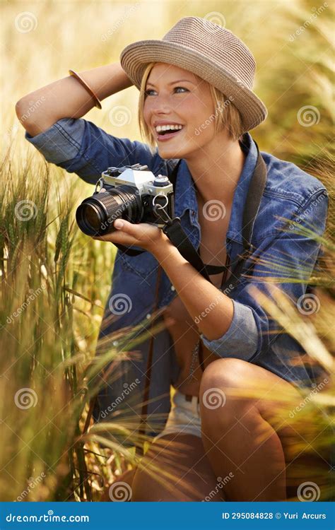 Field, Excited or Woman with a Camera, Photographer or Sunshine with ...