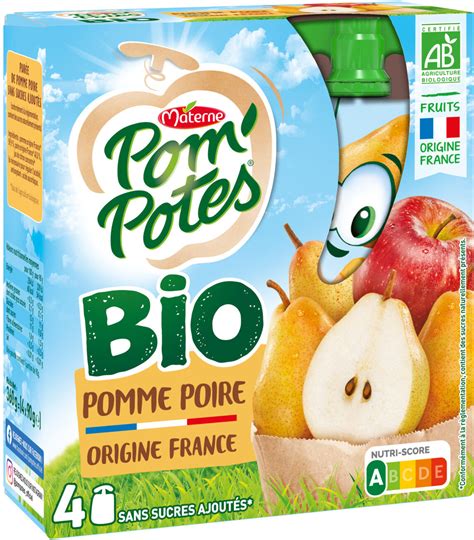 POM POTES Compotes Gourdes BIO Pomme Poire 4x90g Materne 360 G