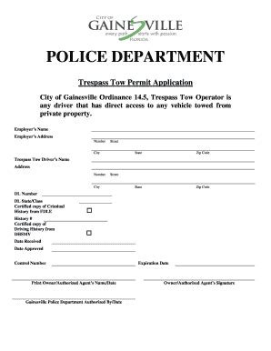 Fillable Online Gainesvillepd Trespass Tow Permit Application