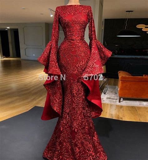 Burgundy Muslim Evening Dresses Mermaid Long Sleeves Lace Women Dubai