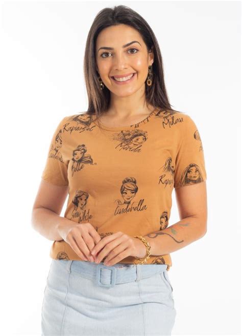 Blusa Manga Curta Estampada Marrom Disney By Cativa