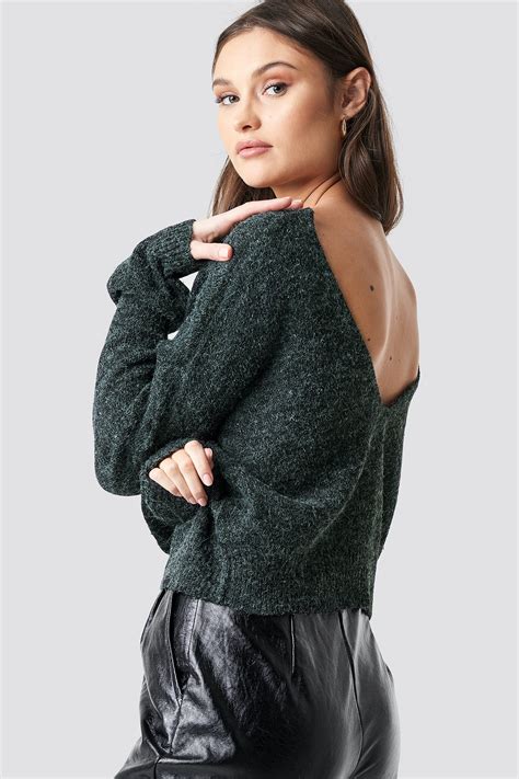 V Neck Back Cropped Knitted Sweater Green Na