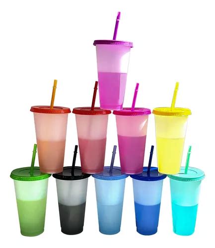 Vasos Magicos Cambian De Color Con Tapa Y Popote Ml Pzs Mercadolibre