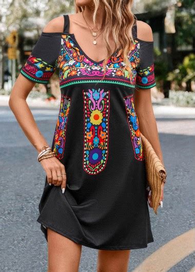 Cut Out Tribal Print Black Short Dress Rotita USD 25 98