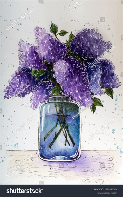 Bouquet Lilacs Vase Watercolor Drawing Stock Photo 2179378543