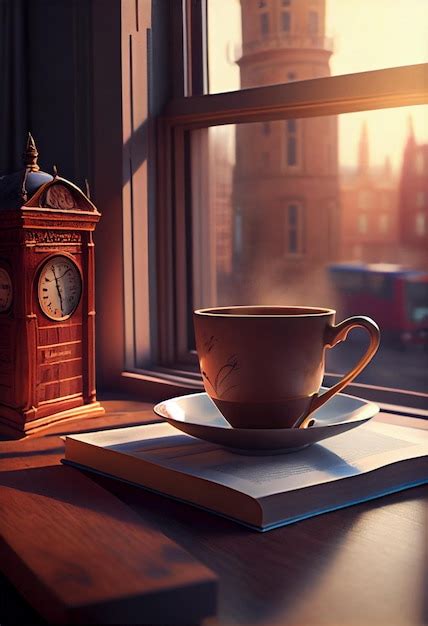 Premium Ai Image Coffee Cup Sitting On Top Of A Book Next To A Clock