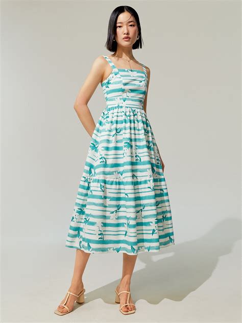 Flower Printed Stripe Midi Dress Green Pomelo Fashion