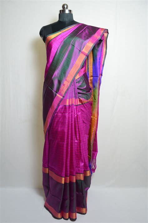 Tvis And Bliss Pink And Green Checks Uppada Silk Saree