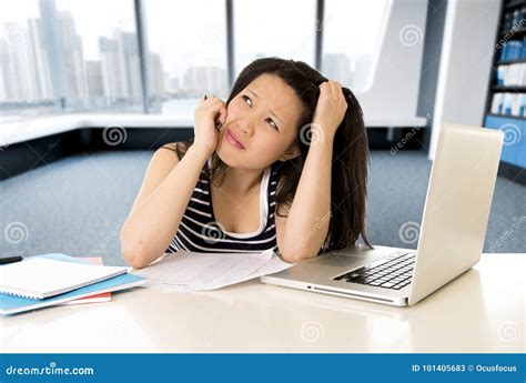 Chinese Asian Student Or Business Woman Tired Working And Studying On