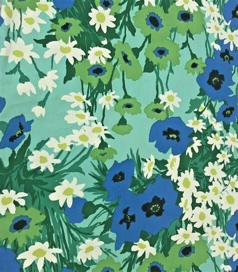 Vintage Bloomcraft Fabric Blue Green Floral Flower Power Daisy Mid