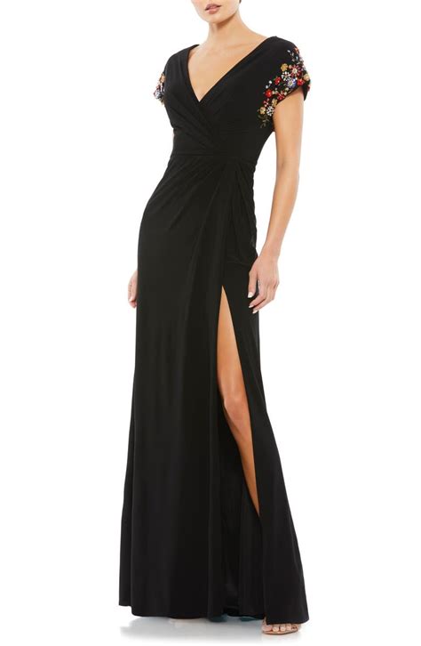 Mac Duggal Beaded Sleeve Faux Wrap Gown Nordstrom