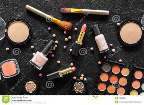 Beige And Nude Tones Cosmetics For Natural Makeup On Black Background Top View Stock Image