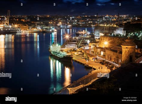 Grand Harbour and Waterfront of Valletta at night, Malta Stock Photo - Alamy