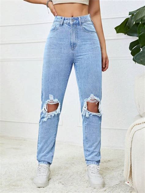 Shein Jeans Ajustados Mom Desgarro De Talle Alto Moda De Mujer