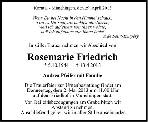 Traueranzeigen Von Rosemarie Friedrich Stuttgart Gedenkt De