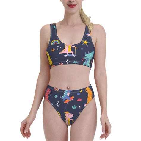 Lukts Women High Waisted Bikini Set Cartoon Dinosaur Swimsuit Piece