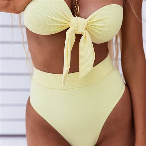 Kvinders Blomsterprint Bandeau Bikini Sæt Høj Snit Stropløs Knude Front Badedragt Sexet