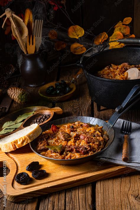 Polish bigos cooked according to an old recipe with wine and plum Stock Photo | Adobe Stock