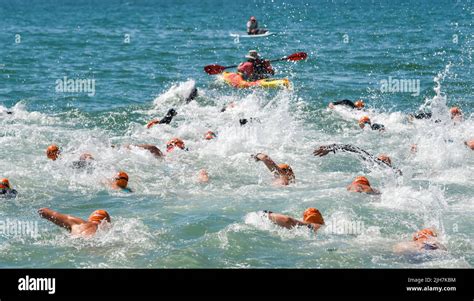 Brighton Uk 16th July 2022 Swimmers Charge Into The Sea For The Start