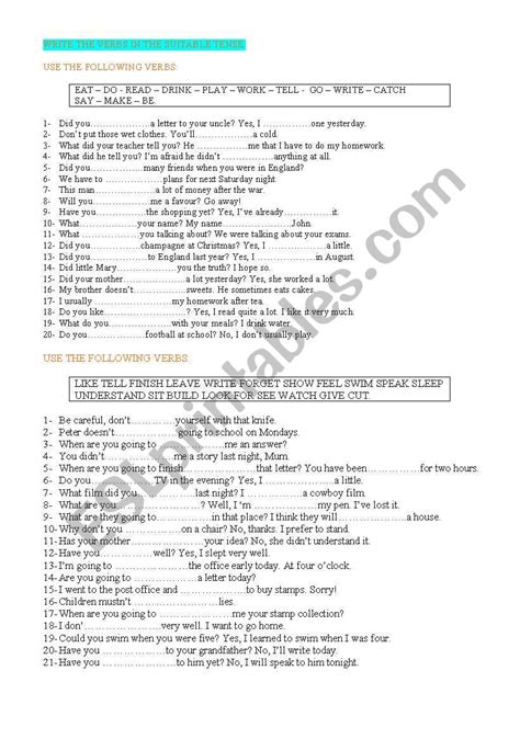 WRITE THE CORRECT VERB IN THE CORRECT TENSE ESL Worksheet By