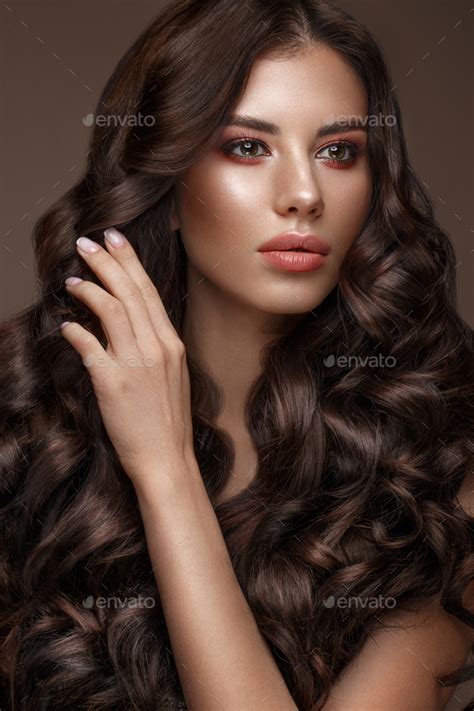 Beautiful Brunette Model Curls Classic Makeup And Full Lips The