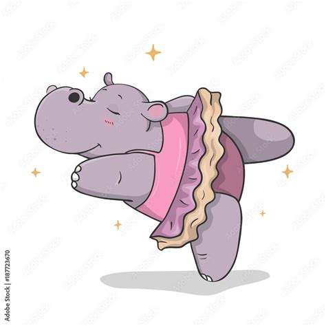 colorful hand drawn cartoon hippo dancing ballet in a tutu isolated on white background. outline ...