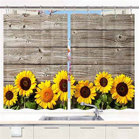 DYNH Sunflower Kitchen Curtain, Spring Flowers on Rustic Wood Plank ...