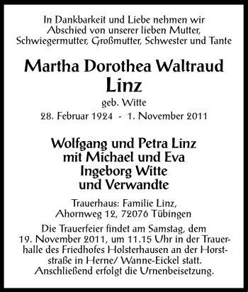 Traueranzeigen Von Martha Dorothea Waltraud Linz Trauer In NRW De