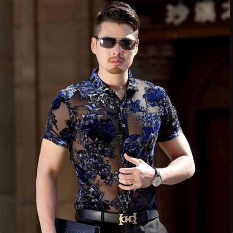 2017 2017 Brand Fashion Cool Designer Floral Mens See Through Shirts