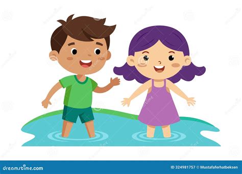 Cartoon Kids Playing In Water Happy Children Enjoying Outdoor Fun