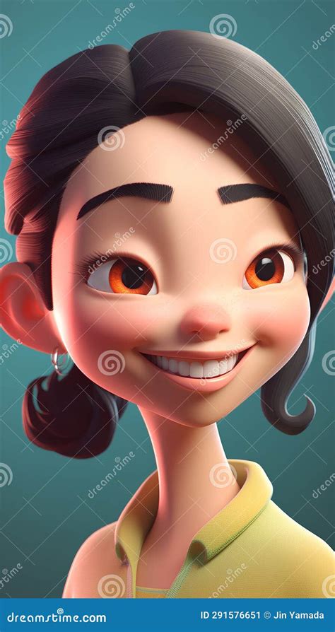 Cute Cartoon Girl Smiling And Looking At Camera 3d Rendering Stock