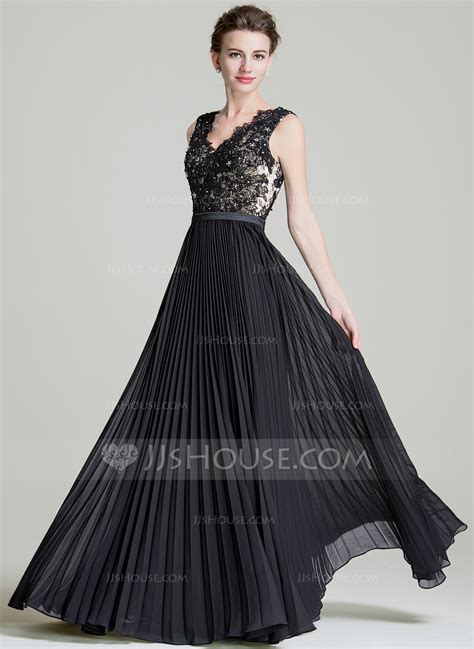 A Line Princess V Neck Floor Length Chiffon Evening Dress With Sequins