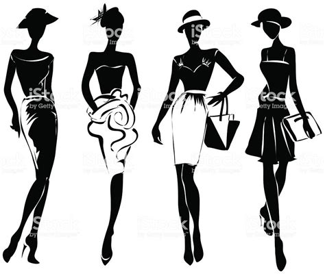 Black And White Retro Fashion Models In Sketch Style Hand Drawn