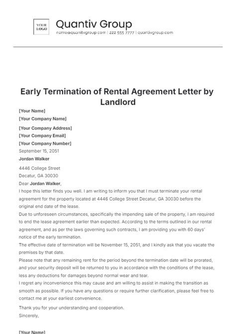 Free Early Termination Of Rental Agreement Letter By Landlord Template