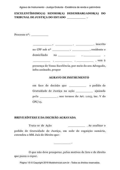 Modelo Agravo De Instrumento Justi A Gratuita Exist Ncia De Renda E