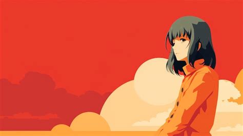 Premium Ai Image Anime Girl Sitting On A Bench In Front Of A Red Sky Generative Ai