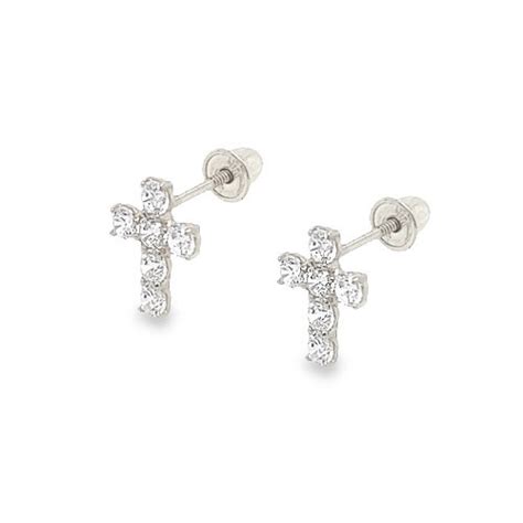 14k White Gold Cross Earrings For Girls With Czs And Screw Backs The