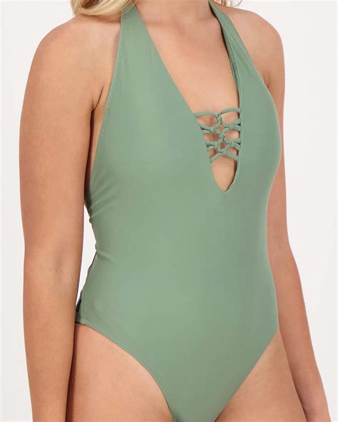 Shop Volcom Simply Solid One Piece Swimsuit In Dark Green Fast