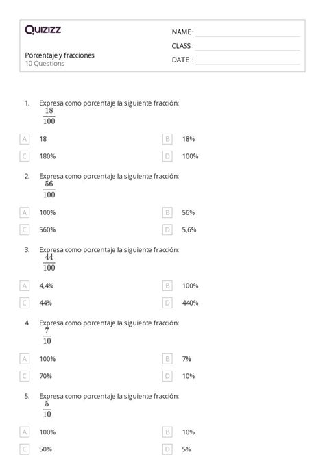 Conversi N De Porcentajes Decimales Y Fracciones Hojas De Trabajo